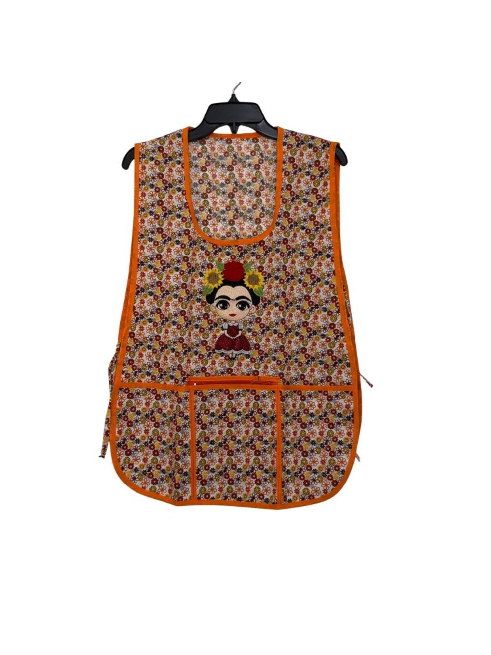 Women Apron Frida-Inspired Floral Front Pockets Orange Trim One Size